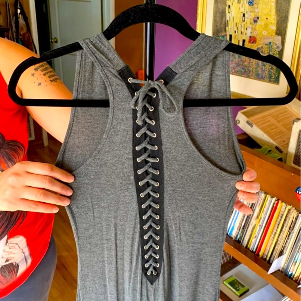 Gray stretchy dress with tie up back